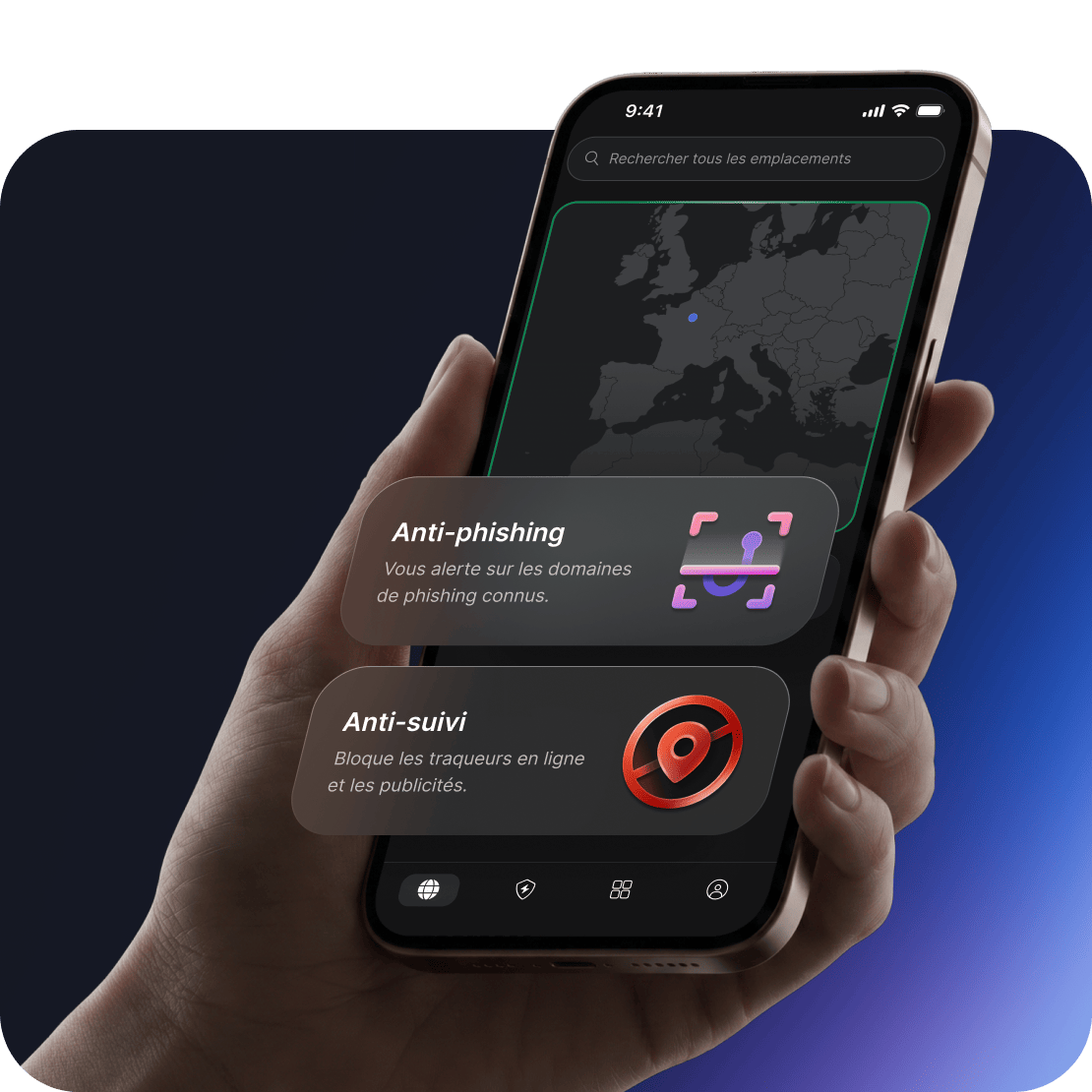 Fonctionnalités de sécurité de NordVPN pour la protection contre l’escroquerie et l’hameçonnage affichées sur l’écran d’un appareil.