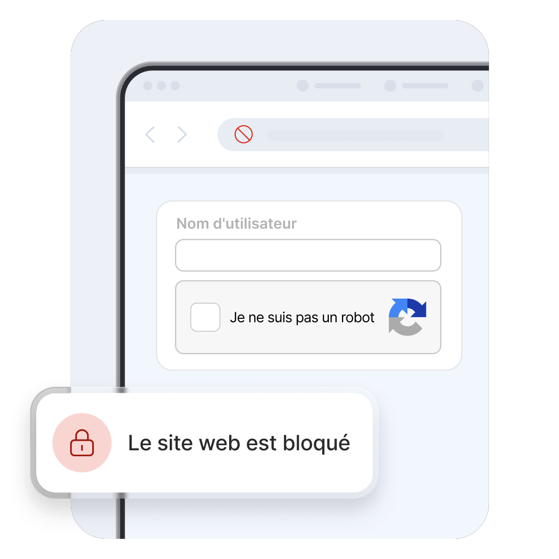 A website login window with a CAPTCHA and a notification that informs the website is blocked.