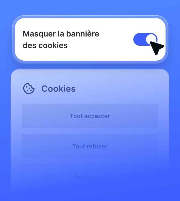 Un interrupteur antivirus nouvelle génération activé pour la fonctionnalité de masquage de la bannière des cookies, affiché au-dessus d'une fenêtre contextuelle de consentement aux cookies.