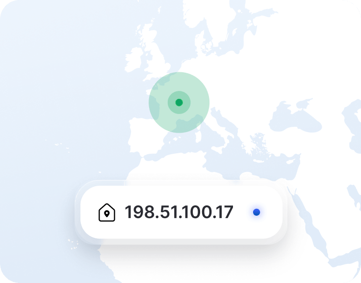 Un extrait d&#39;une application VPN avec une adresse IP dédiée et un marqueur de localisation sur une carte de la France.