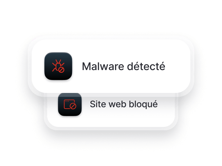 Une capture d’écran du navigateur affichant les avertissements « Malware détecté » et « Site web bloqué ».