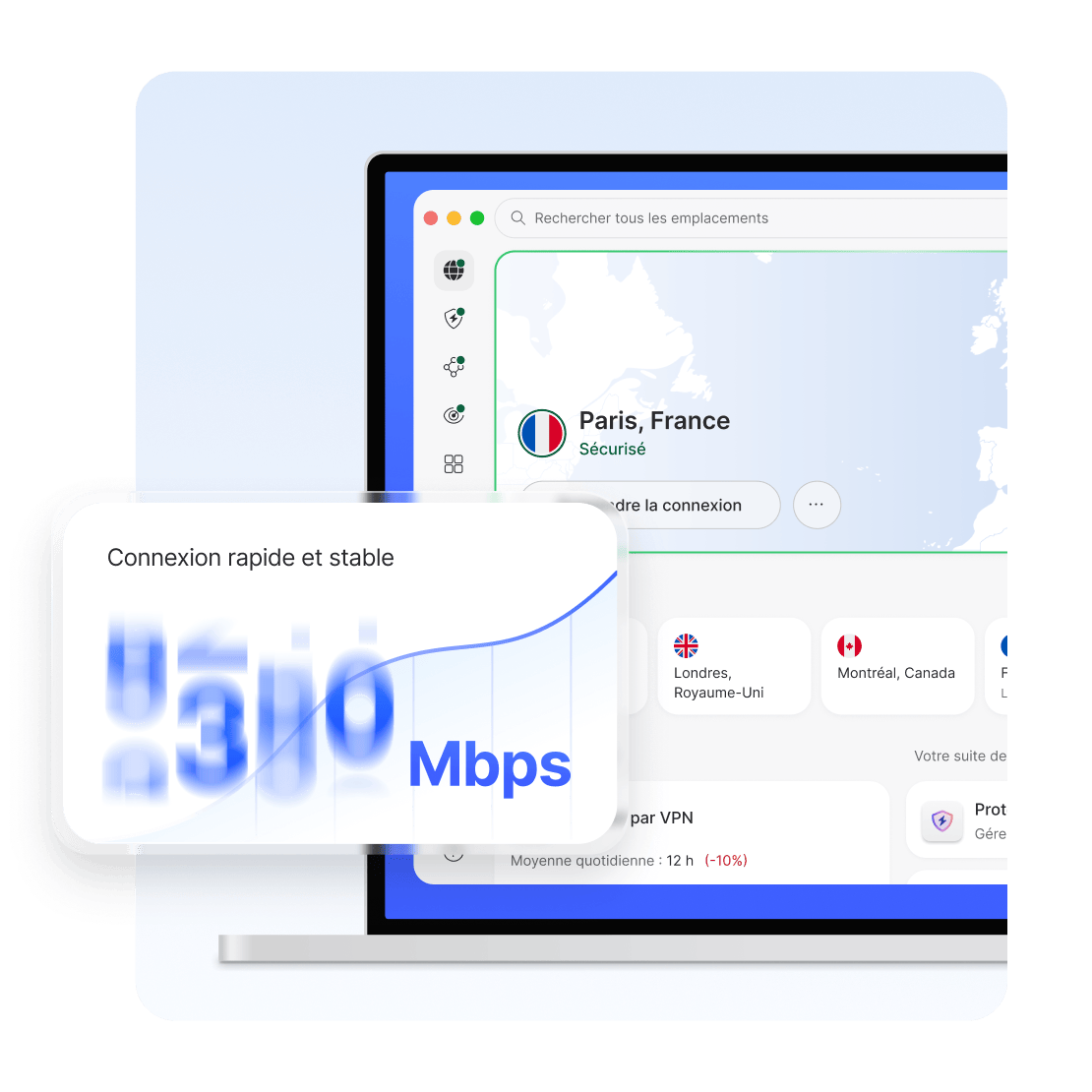 Un écran d’ordinateur montrant l’utilisateur protégé par une connexion VPN après avoir téléchargé NordVPN.