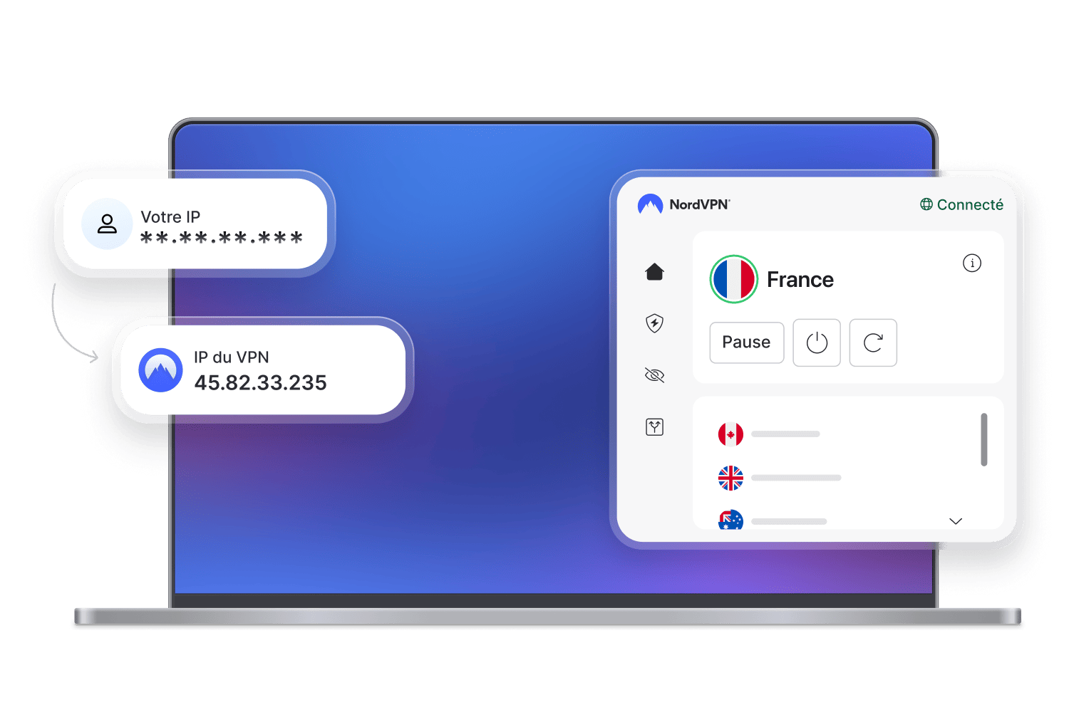 Fonctionnalités de NordVPN sur un ordinateur portable.