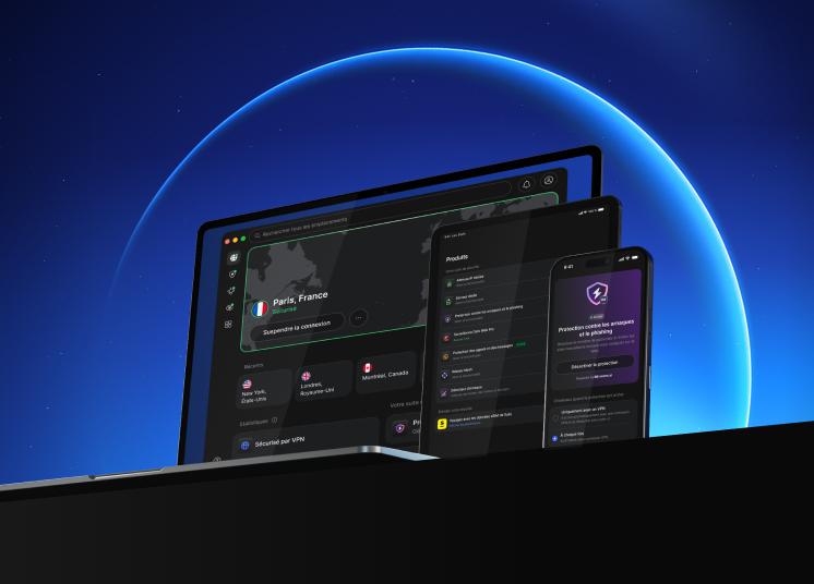 Un ordinateur portable, une tablette et un smartphone qui utilisent tous NordVPN pour une navigation en ligne plus sûre.