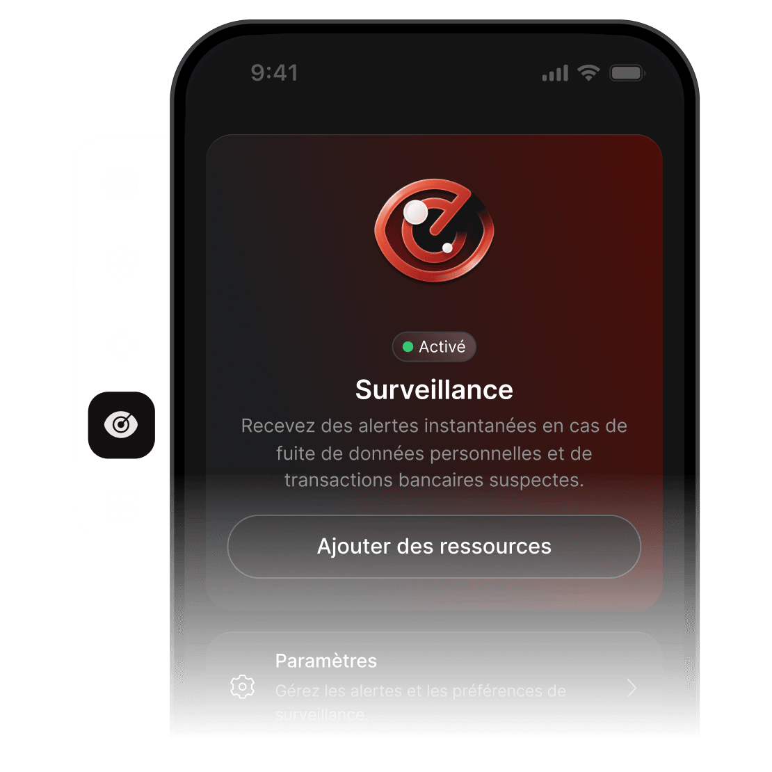 Un écran de smartphone indiquant que la fonctionnalité de surveillance de NordVPN est active et configurée pour envoyer des alertes.