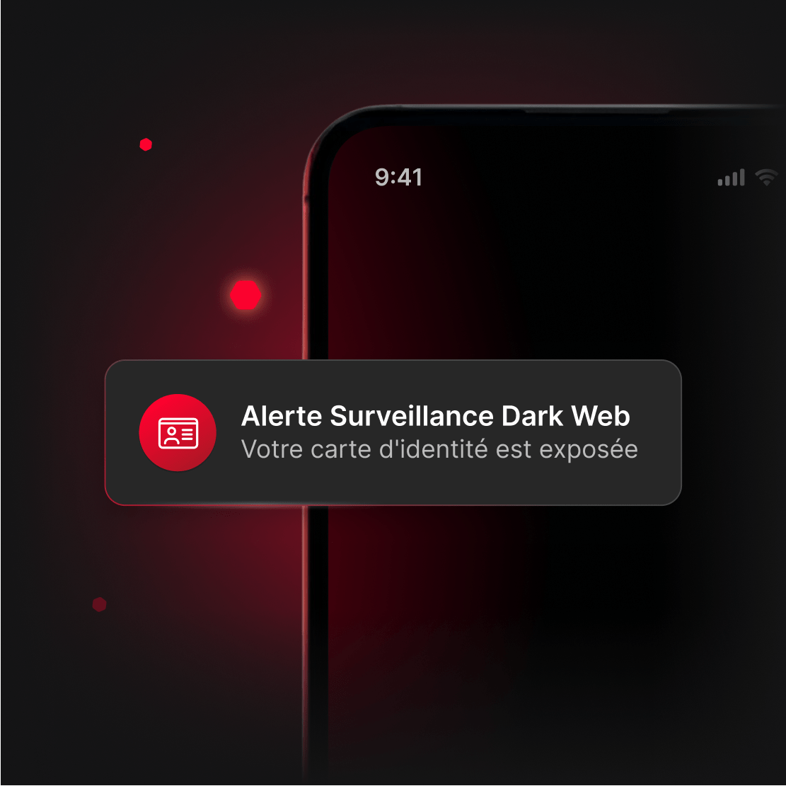 Un téléphone affichant une alerte urgente de Surveillance Dark Web concernant la découverte de la carte nationale d’identité de l’utilisateur sur le Dark Web.