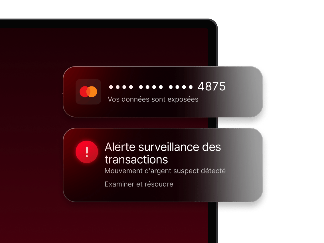 Une alerte de surveillance des transactions signalant des données bancaires exposées et des mouvements d’argent suspects.
