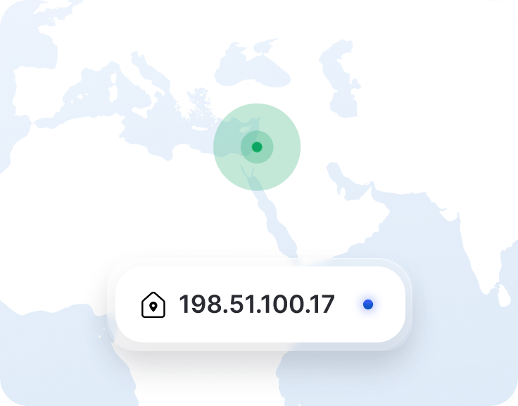 קטע מאפליקציית VPN עם כתובת IP ייעודית וסמן מיקום על מפה של ישראל.