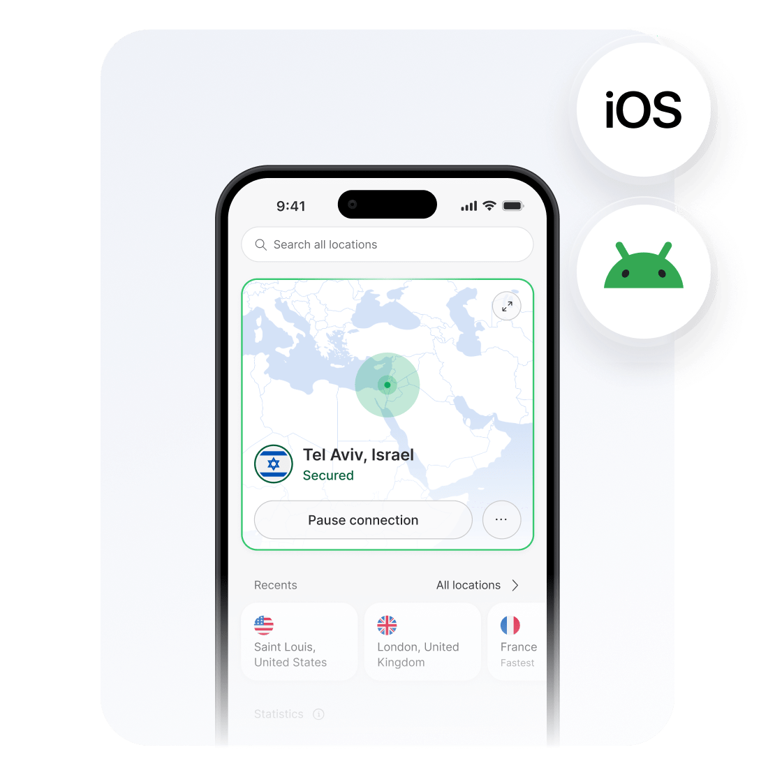 סמארטפון המציג את אפליקציית NordVPN מחובר לשרת בישראל לצורך סטרימינג של תוכן ביתי בתשלום.