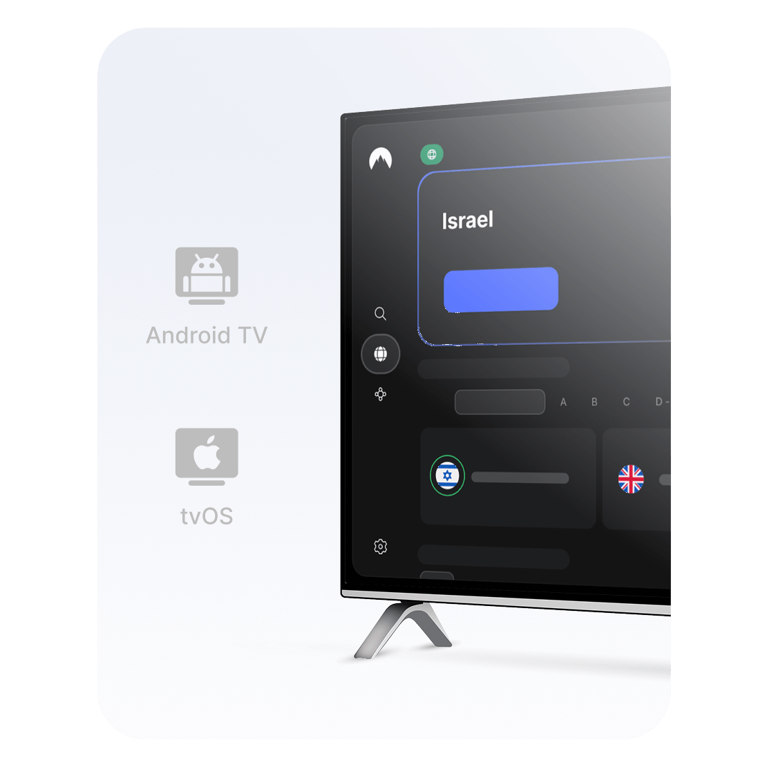 אפליקציית NordVPN עם שרת בישראל שנבחר להגדרת VPN בטלוויזיה חכמה לצורך סטרימינג.