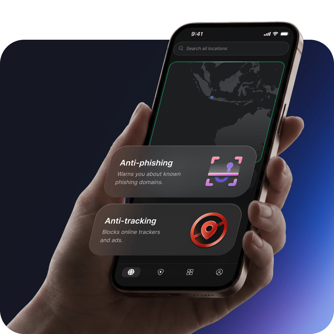 Fitur keamanan NordVPN untuk perlindungan terhadap penipuan dan phishing yang ditampilkan di layar perangkat.