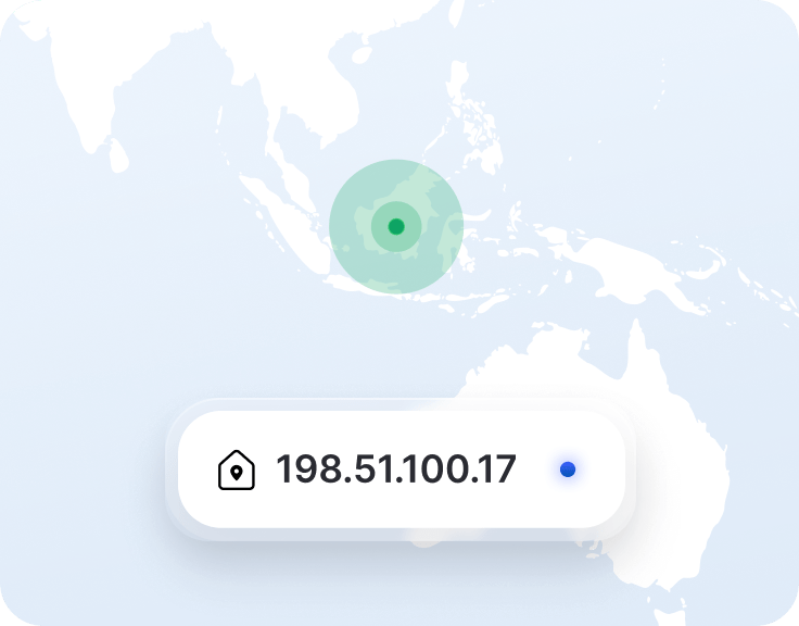 Bagian aplikasi VPN yang menampilkan IP khusus dan penanda lokasi di peta Indonesia.