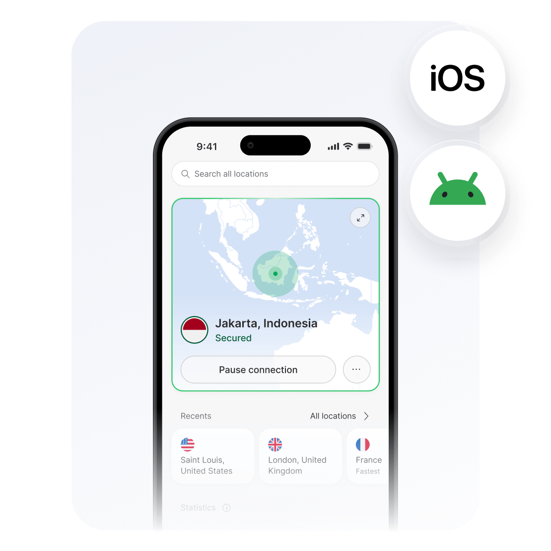 Sebuah ponsel pintar yang menampilkan aplikasi NordVPN yang terhubung ke server di Indonesia untuk streaming konten berbayar dari rumah.