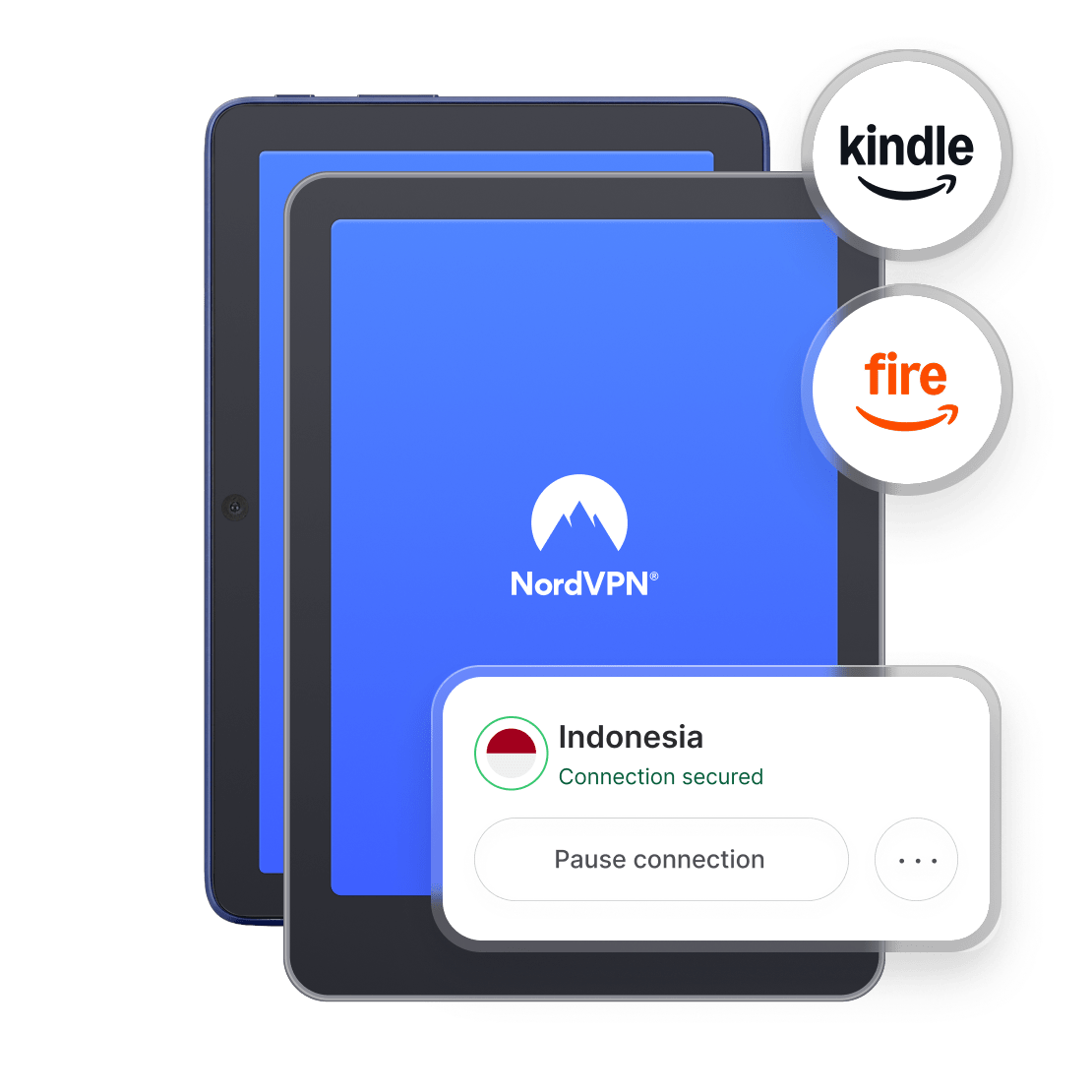 Perangkat tablet Kindle dan Fire dengan aplikasi NordVPN terbuka di layar, menampilkan koneksi aman Indonesia.