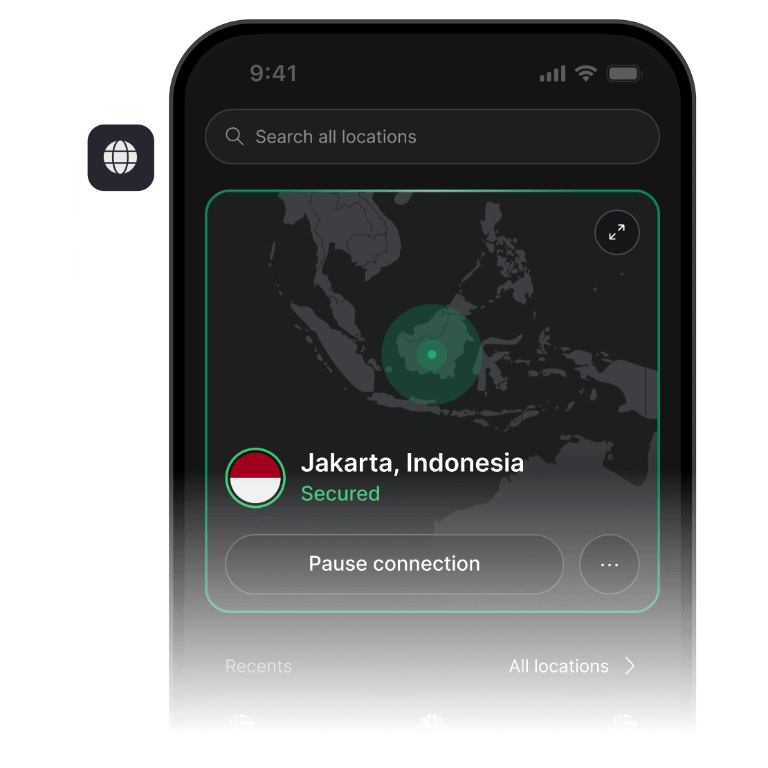 Layar ponsel dengan aplikasi NordVPN terbuka, terhubung ke server VPN di AS.