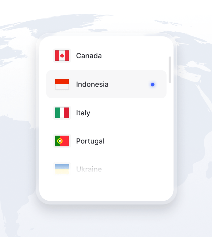 Potongan peta dunia yang menampilkan daftar lokasi server VPN yang tersedia.