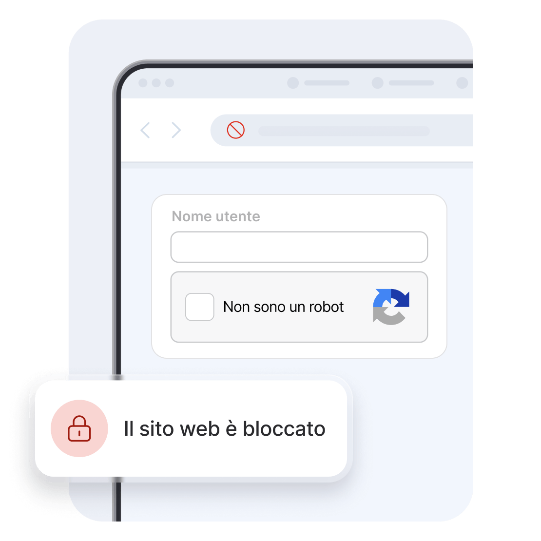 Una finestra di accesso a un sito web con un modulo CAPTCHA e una notifica che informa che il sito web è bloccato.