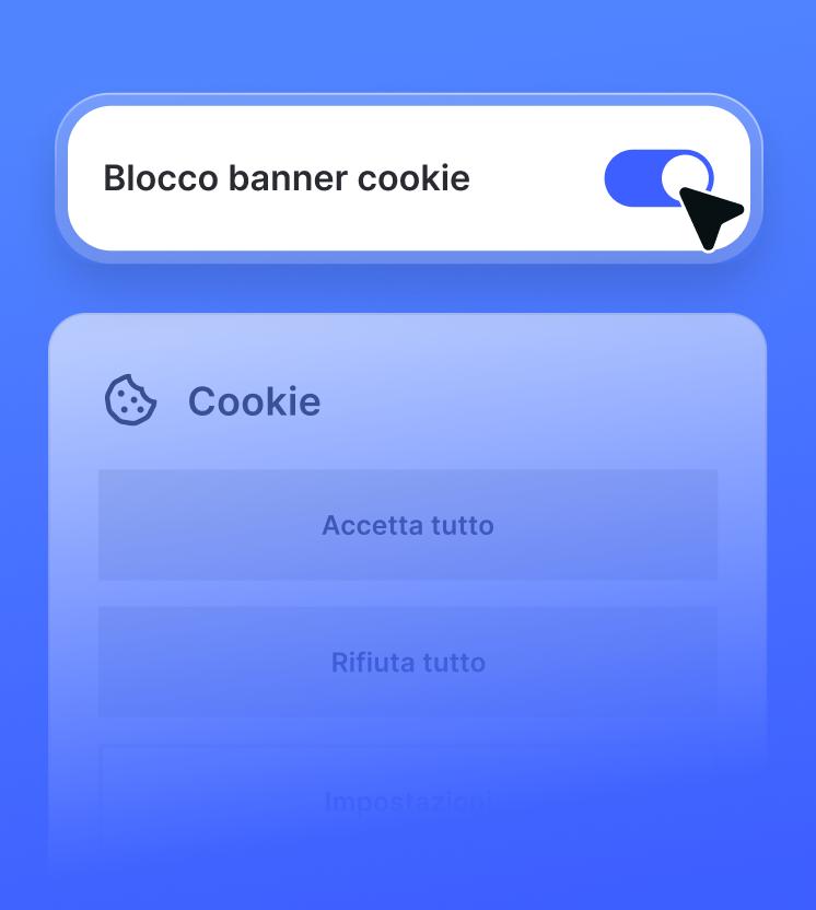 Un interruttore NGAV abilitato per la funzionalità di occultamento del banner dei cookie, mostrato sopra un pop-up di consenso ai cookie.