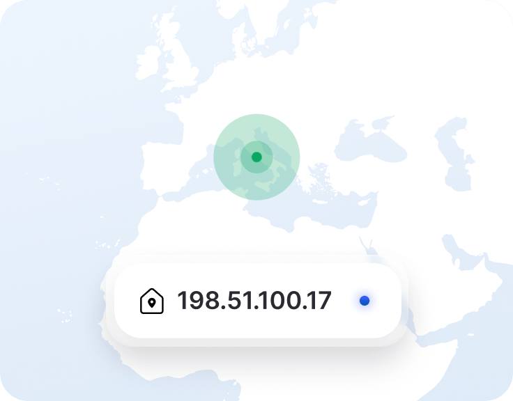 Sezione di un&#39;app VPN con un indirizzo IP dedicato e un segnaposto su una mappa dell&#39;Italia.