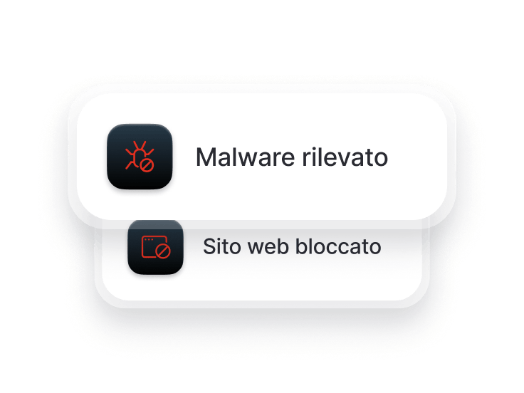 Una schermata del browser che mostra gli avvisi “Malware rilevato” e “Sito web bloccato”.