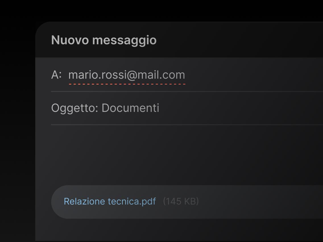 Un&#39;email con l&#39;oggetto &quot;Documenti&quot; e un file .pdf allegato.