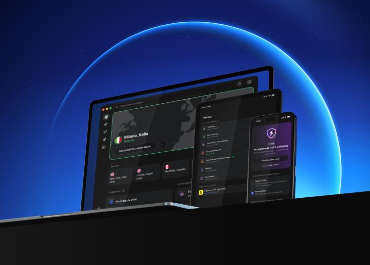 Un portatile, un tablet e uno smartphone che usano tutti NordVPN per navigare online in modo più sicuro.