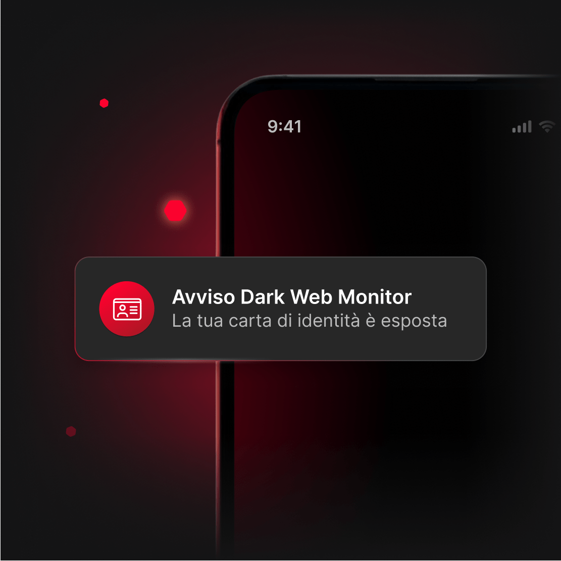 Un telefono con un avviso urgente del Dark Web Monitor, che informa l&#39;utente relativamente a una fuga dei dati della sua carta d&#39;identità sul dark web.