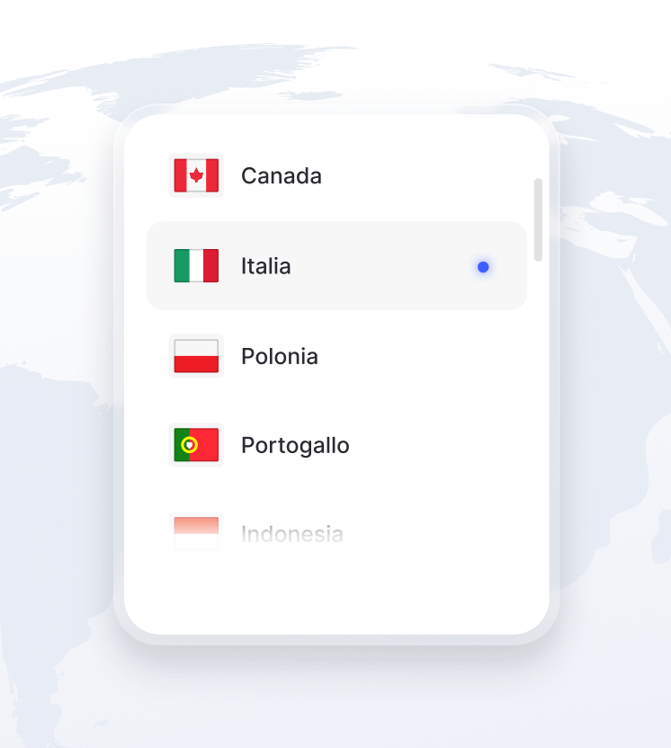 Un dettaglio del globo con in sovrimpressione un elenco delle posizioni dei server VPN disponibili.
