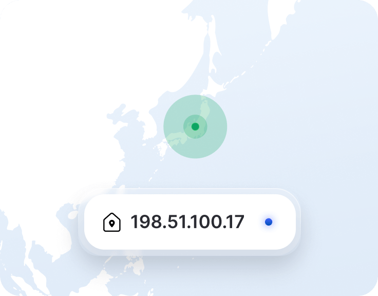 専用IPアドレスが表示されたVPNアプリの画像の一部と、日本の地図上の位置マーカー。
