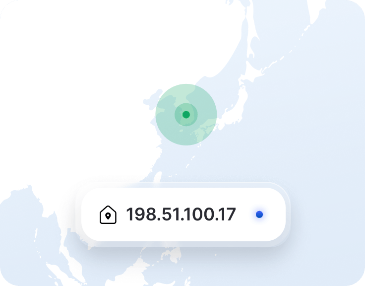전용 IP 주소가 적용된 VPN 앱 화면 일부와 한국 지도에 표시된 위치 마커