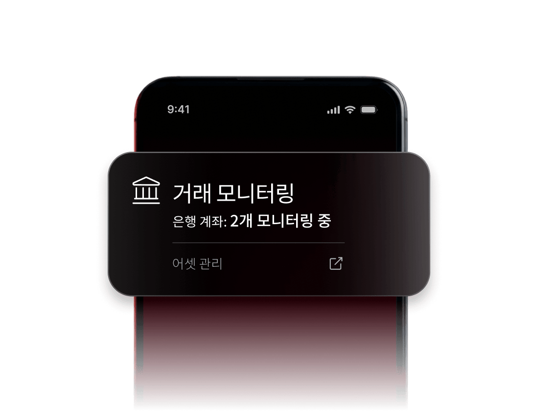 현재 두 개의 은행 계좌가 모니터링 중임을 나타내는 거래 모니터링 알림