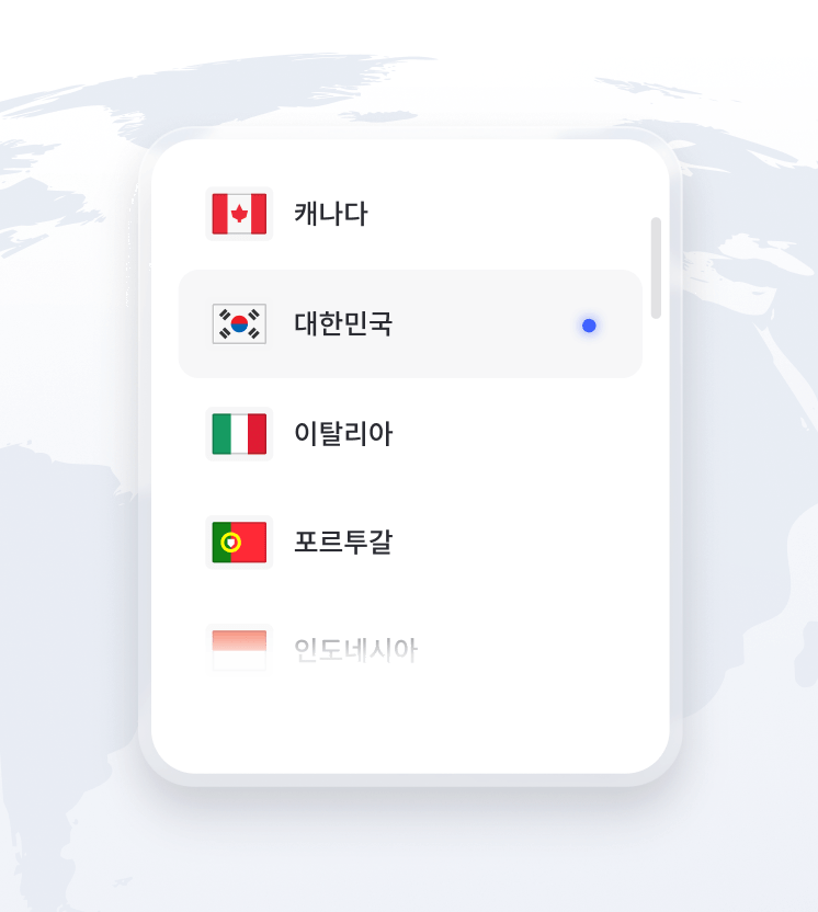 사용 가능한 VPN 서버 위치 목록이 표시된 지구본의 일부