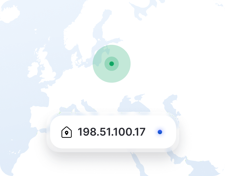 VPN programėlės fragmentas su priskirtuoju IP adresu ir vietos žyme Lietuvos žemėlapyje.