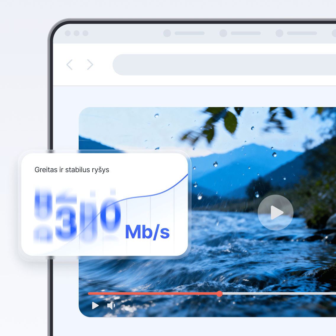 Nešiojamojo kompiuterio ekrano fragmentas, kuriame matosi pristabdytas vaizdo įrašas, o šalia jo – sulietas interneto greičio matuoklis, rodantis „NordVPN“ greitį.