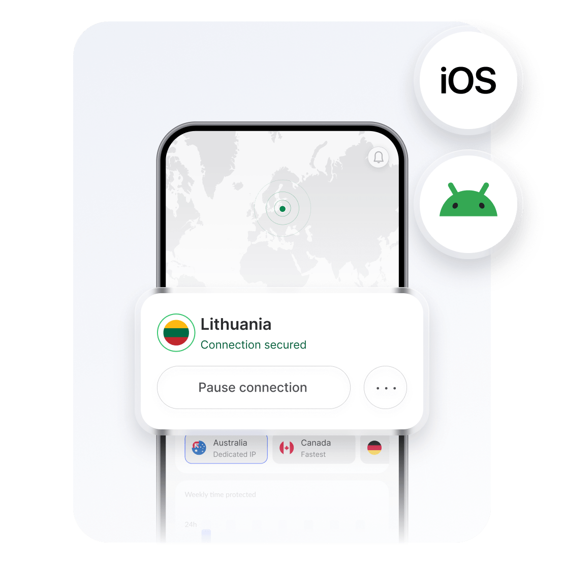 Išmaniajame telefone rodoma „NordVPN“ programėlė, prisijungusi prie serverio Lietuvoje, kad būtų galima transliuoti mokamą namų turinį.