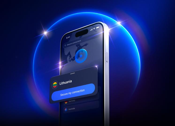 Išmanusis telefonas, kuriame naudojamas „NordVPN“ Lietuvos serveris saugiam naršymui internete.