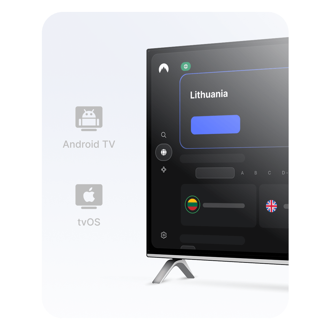 „NordVPN“ programėlė, kurioje pasirinktas Lietuvoje esantis serveris, skirta nustatyti VPN išmaniajame televizoriuje, kad būtų galima žiūrėti turinį internetu.