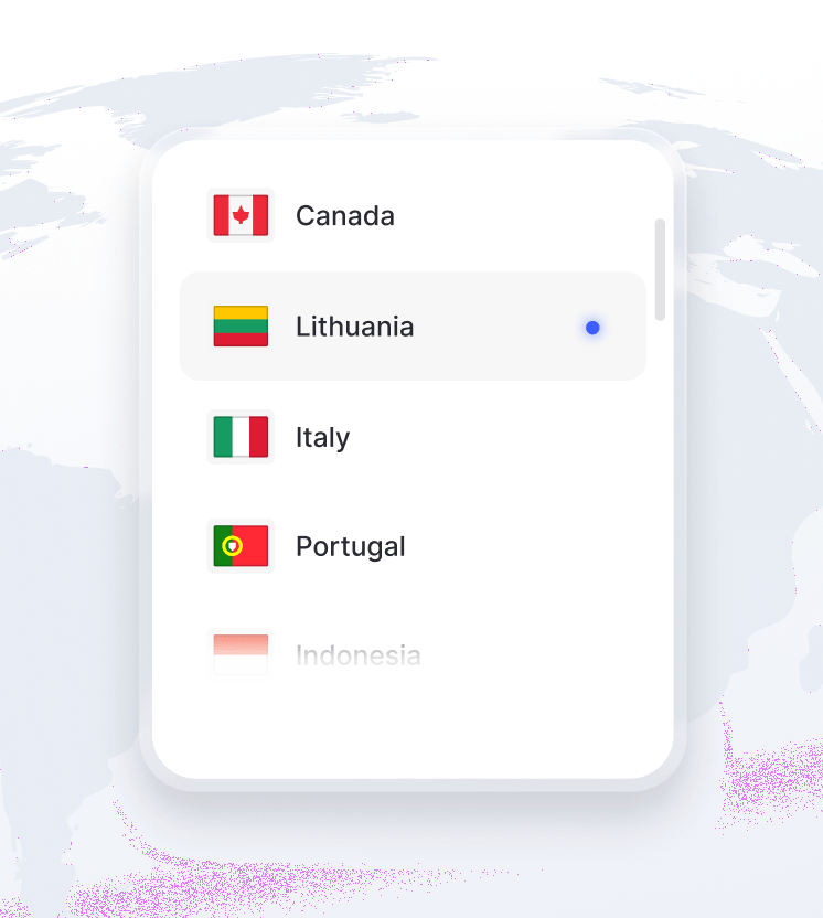 Žemės rutulio fragmentas su teikiamų VPN serverių vietovių sąrašu.