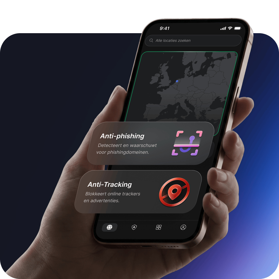 NordVPN-beveiligingsfuncties voor bescherming tegen scam en phishing weergegeven op een apparaatscherm.