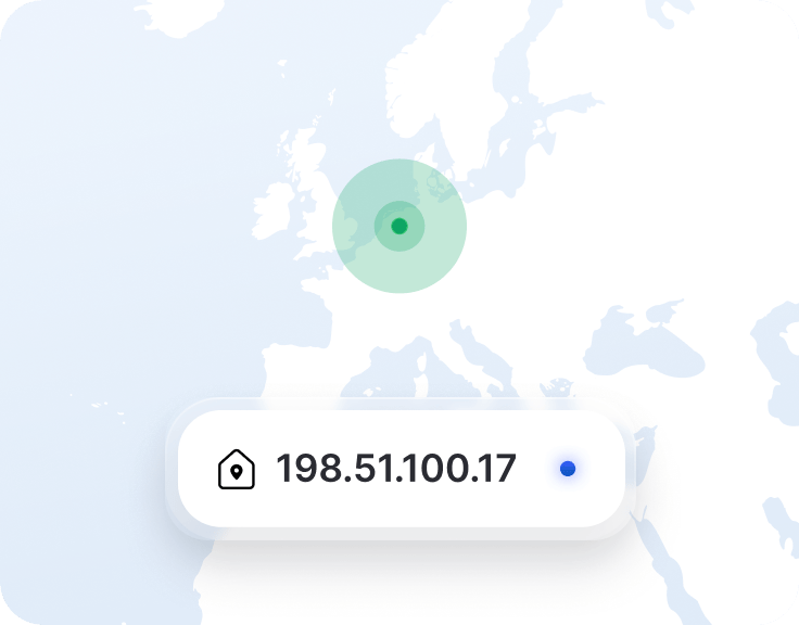 Een fragment van een VPN-app met een dedicated IP-adres en een locatiemarker op een kaart van Nederland.