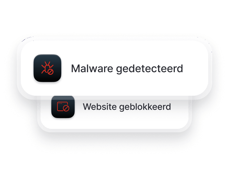 Een browserscherm met de waarschuwingen ‘Malware gedetecteerd’ en ‘Website geblokkeerd’.