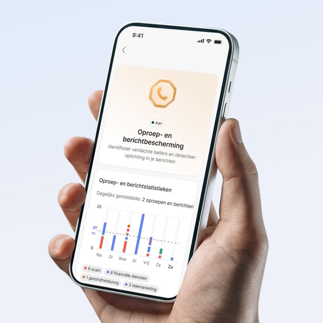 A hand holds a smartphone showing a call and message protection activity chart in the NordVPN app.
