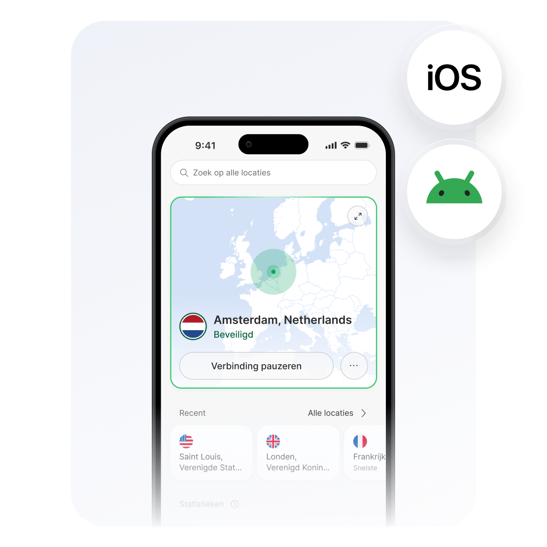 Een smartphone waarop de NordVPN-app te zien is, verbonden met een server in Nederland voor het streamen van betaalde content.