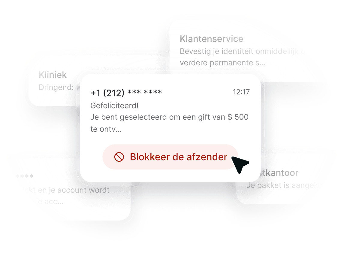 Een sms van een onbekend nummer met direct daaronder de knop “Afzender blokkeren”.