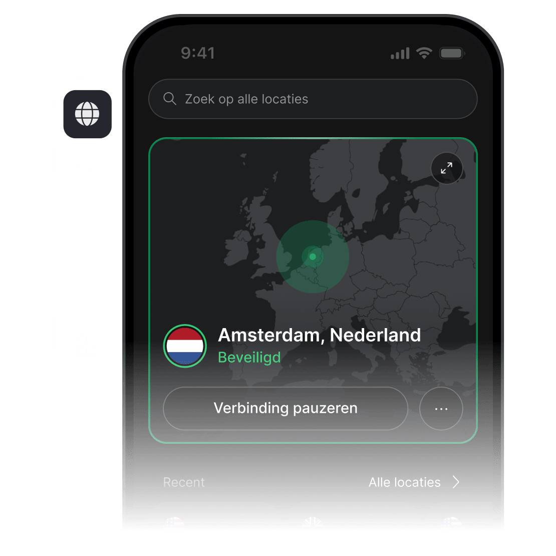 Een smartphonescherm met de app van NordVPN geopend, verbonden met een VPN-server in de VS.