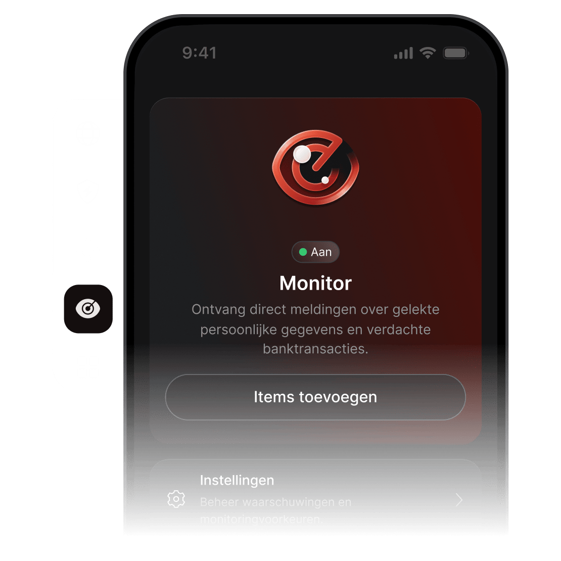 Een smartphonescherm waarop te zien is dat de monitoringfunctie van NordVPN actief is en zo is ingesteld dat er meldingen worden verstuurd.