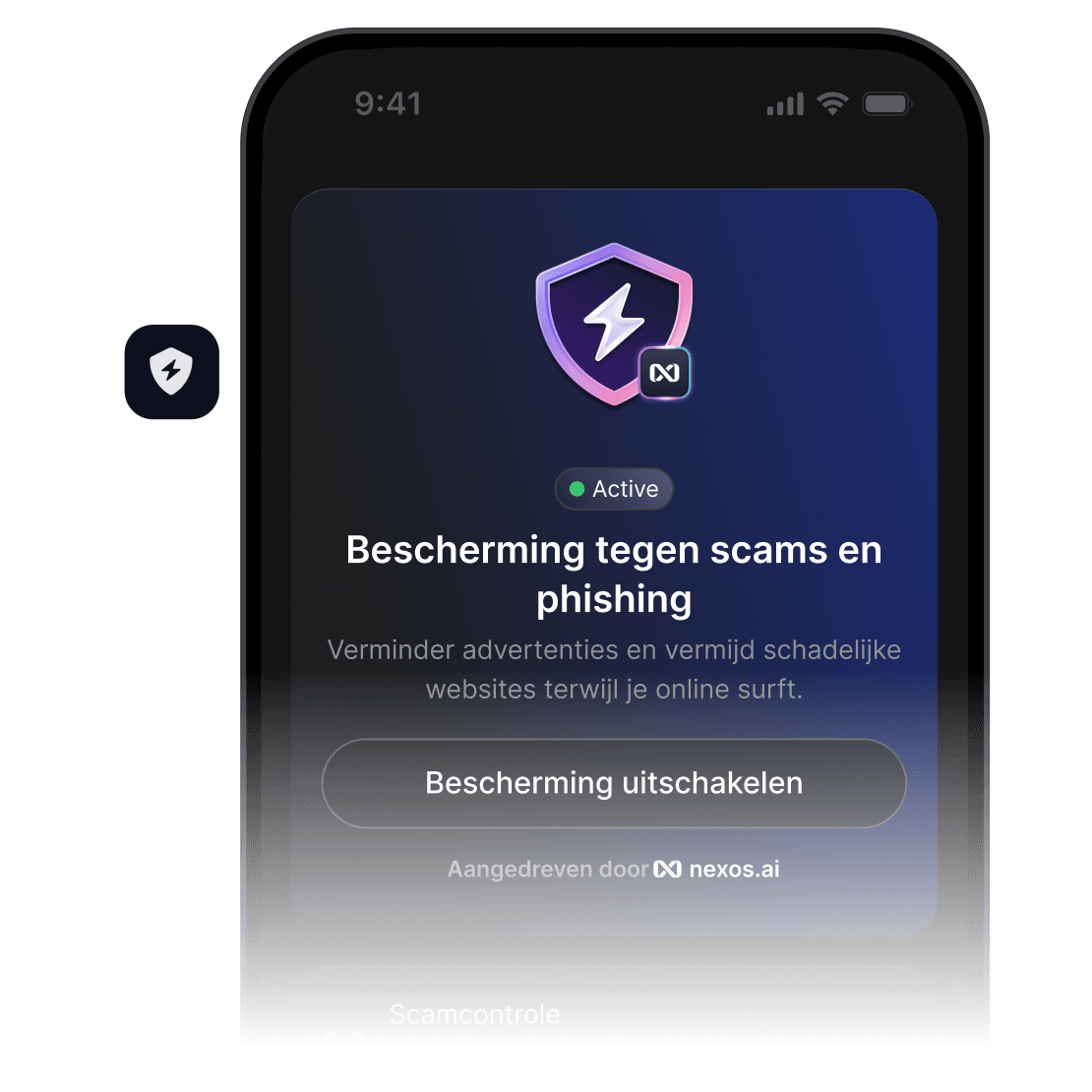Een smartphonescherm met de app van NordVPN geopend en de functie voor bescherming tegen scam en phishing actief.