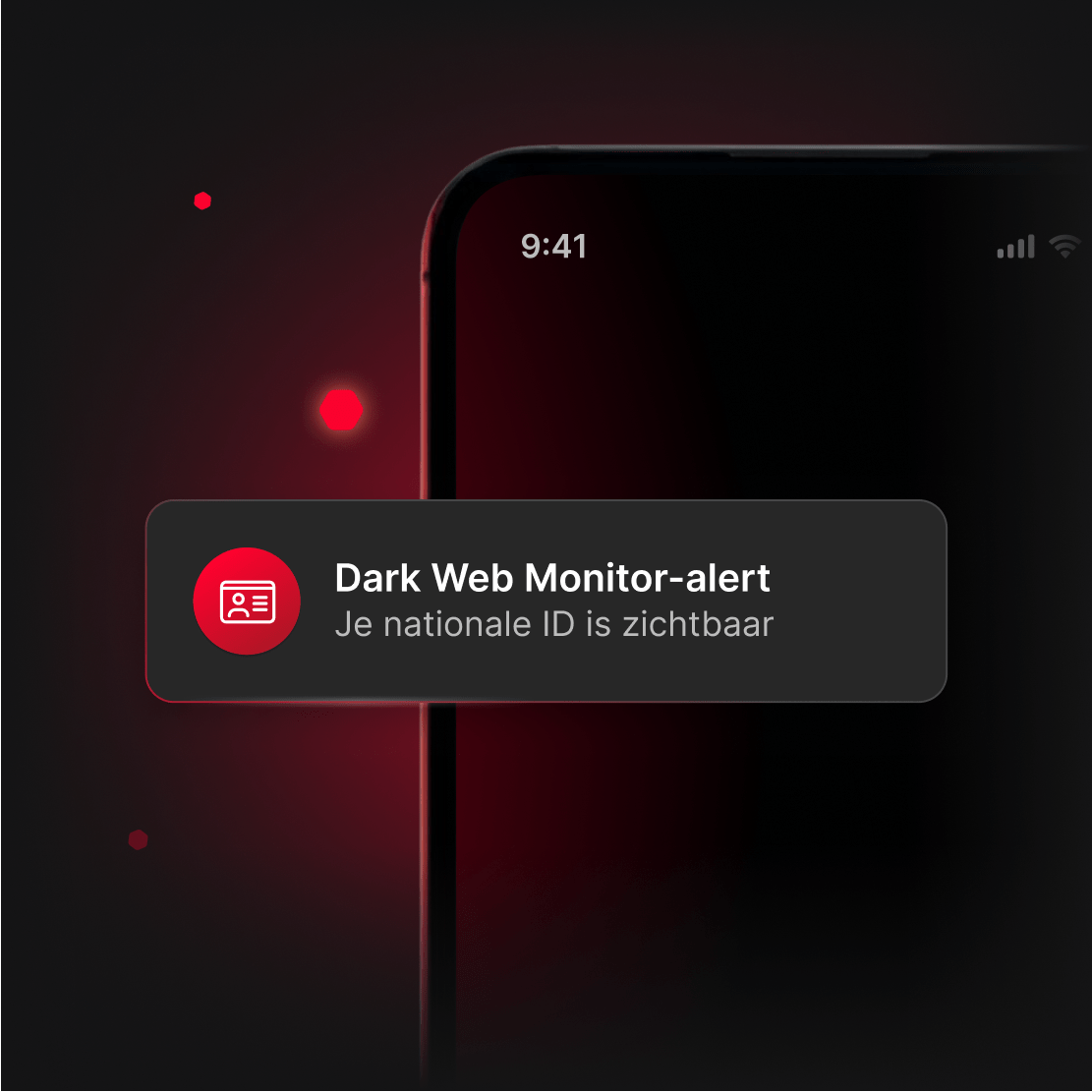 Een telefoon met een dringende Dark Web Monitor-melding over de vondst van het identiteitsbewijs van de gebruiker op het dark web.
