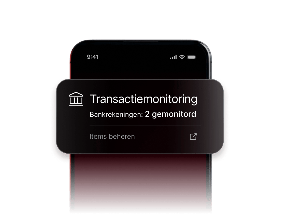Een melding van transactiemonitoring die aangeeft dat er momenteel twee bankrekeningen worden gemonitord.