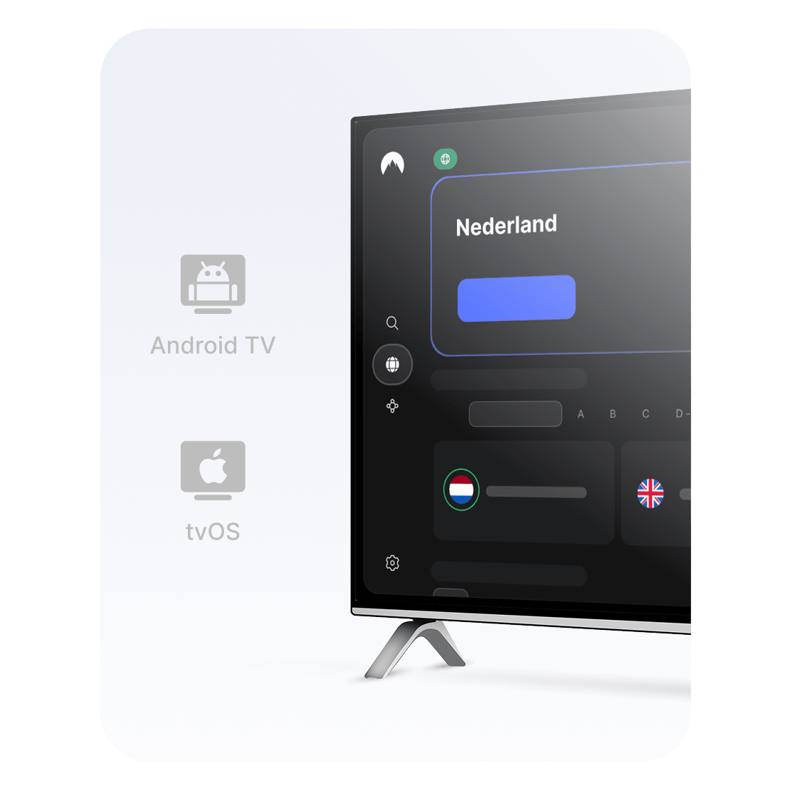 De NordVPN-app met een Nederlandse server geselecteerd voor het instellen van een VPN op een smart-tv voor streaming.
